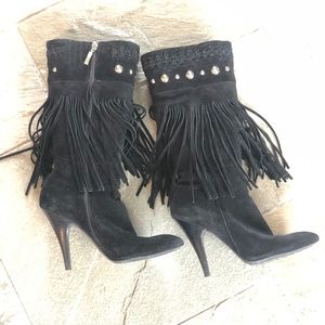 Guess black suede, fringe, studded boots, size 9M